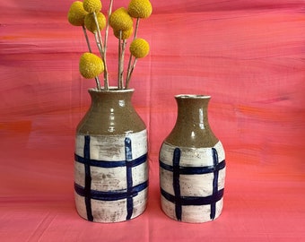 Speckled White Blue Grid Vases