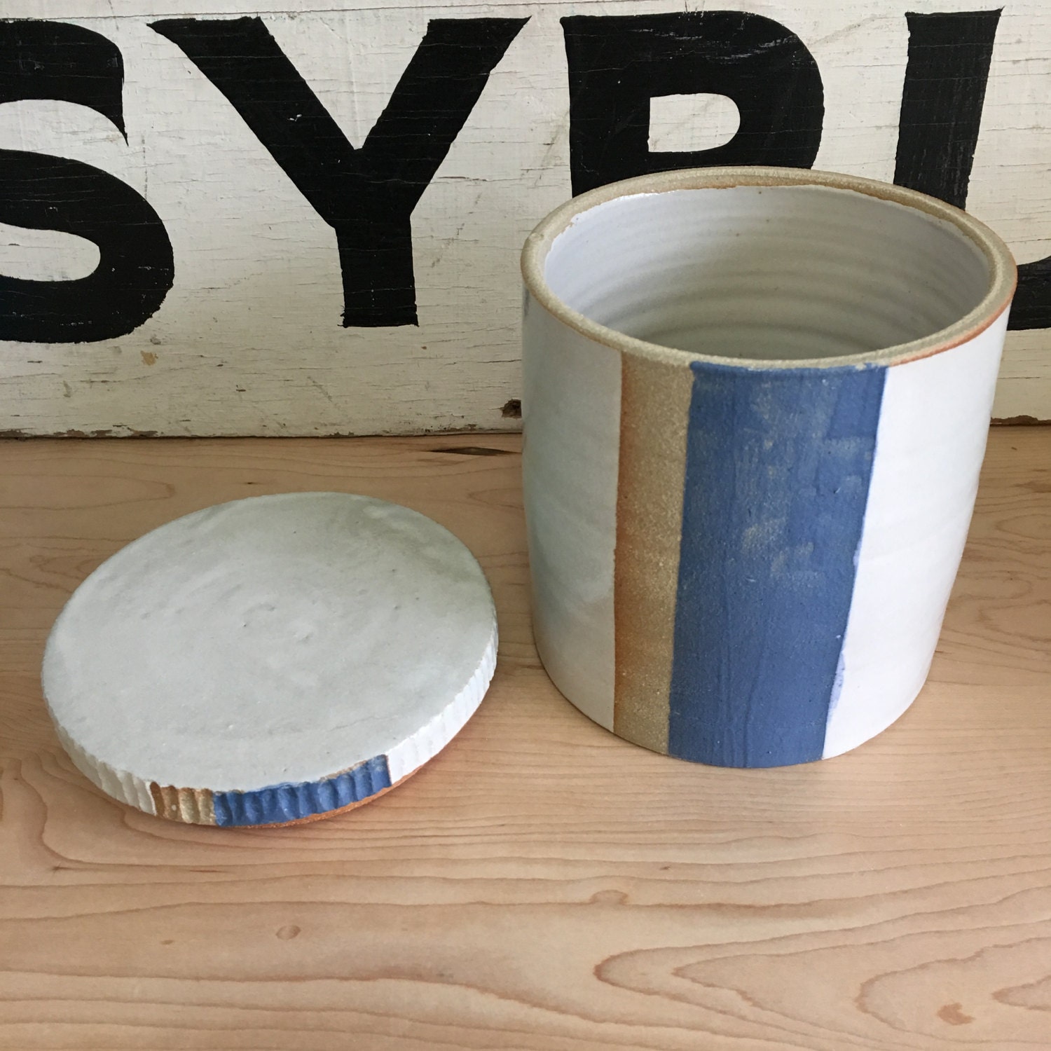 White Canister With a Blue and Natural Stripe Etsy