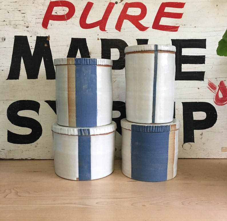 White Canister With a Blue and Natural Stripe Etsy