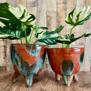 Green, Coral, Turquoise Ceramic Planter Pot, with Drainage Hole