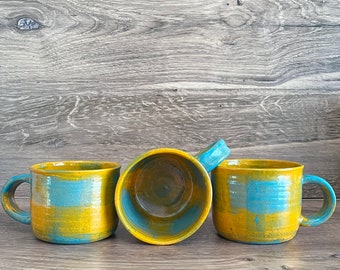 Turquoise and Orange Plaid Ceramic Coffee Mug