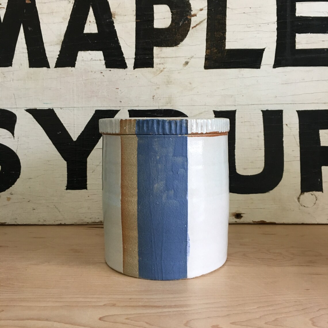 White Canister With a Blue and Natural Stripe Etsy