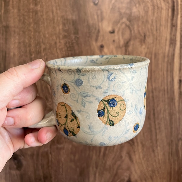 Blue and White Floral Plus Polka Dot Ceramic Coffee Mug