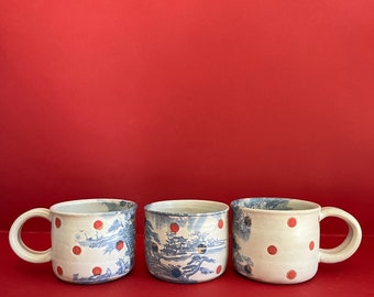 Blue and White Chinoiserie Plus Red Polka Dot Ceramic Coffee Mug