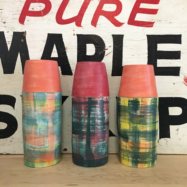 Ceramic Canister in the Style of a Thermos | Handmade Pottery | Plaid Jar in Orange, Turquoise, and Yellow