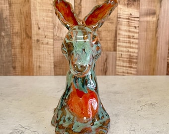 Ceramic Rabbit Head Wall Art | Bunny Head  Sculpture, Turquoise, Dark Green, Coral