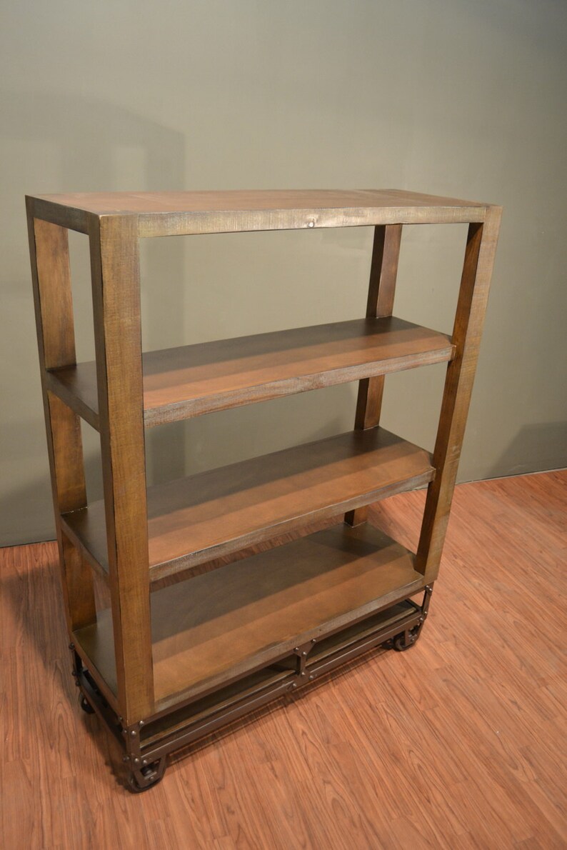 Industrial Style Rustic Solid Wood Bookshelf on Wheels Etsy