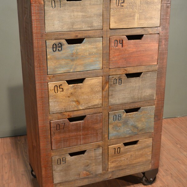 Industrial Rustic Solid Reclaimed wood Console / Dresser / Sideboard / Media Stand with multiple utility drawers on wheels