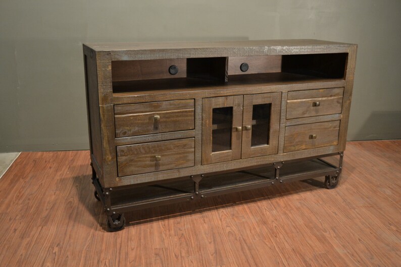 Industrial Rustic Reclaimed wood TV stand Media Console on wheels