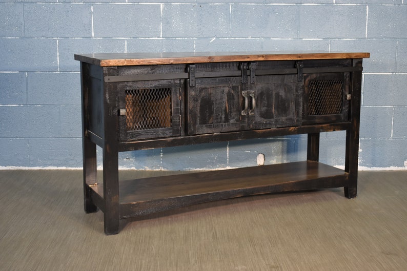 Rustic Farmhouse Style Solid Wood Barn Door Sofa Table Media Console In Distressed Black Finish