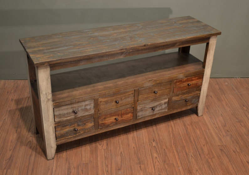 Rustic Solid Wood 55 Inches Wide Tv Stand Media Console Sofa Table With 8 Drawers