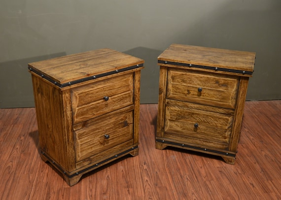 Pair Of Rustic Solid Wood Nightstands With Two Drawers End Etsy