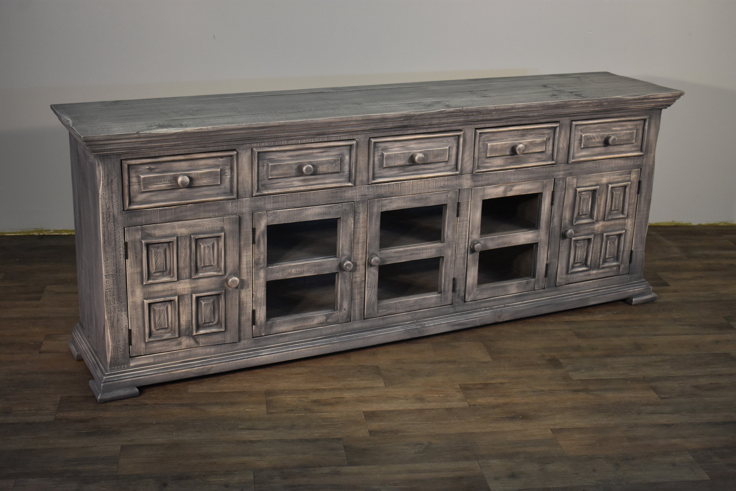 Rustic Solid Wood Distressed Whitewashed 83 inch Gray TV ...