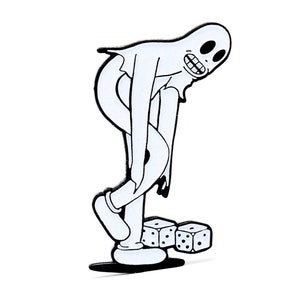 May include: A white ghost with a toothy grin is leaning over, looking down at three white dice with black dots. The ghost is wearing white shoes and has a long, thin body.