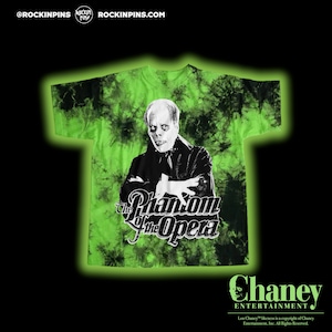 May include: A green tie-dye t-shirt with a black and white image of Lon Chaney as the Phantom of the Opera. The text "The Phantom of the Opera" is printed in black and white below the image. The text "Chaney Entertainment" is printed in black at the bottom of the shirt.
