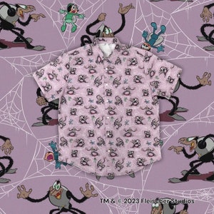 May include: A pink short-sleeved button-down shirt with a repeating pattern of cartoon spiders and flies. The shirt has a white collar and a button-up front. The text "TM & © 2023 Fleischer Studios" is printed at the bottom of the shirt.