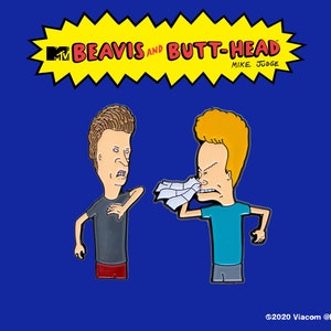 May include: Beavis and Butt-Head enamel pin featuring the two characters from the MTV animated series. Beavis is wearing a grey shirt and red shorts. Butt-Head is wearing a blue shirt and grey shorts. Butt-Head is holding a white tissue to his nose. The pin has a yellow starburst background with the text "Beavis and Butt-Head" in red and black. The text "Mike Judge" is in black below the title. The text "©2020 Viacom @RockinPins" is in black at the bottom of the image.