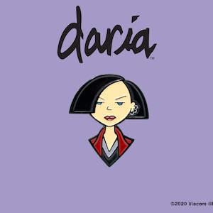 May include: A black and white enamel pin featuring Daria Morgendorffer from the animated television series Daria. The pin is a close-up of Daria's face with her signature black bob haircut and a red and grey jacket.
