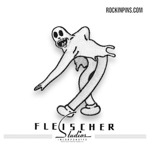May include: Black and white embroidered iron-on patch of a ghost in a white sheet dancing. The ghost has a wide grin and is wearing shoes. The patch has the text "Fleischer Studios Incorporated" at the bottom.
