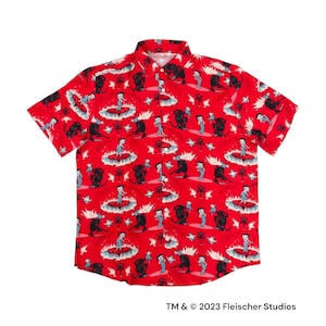 May include: A red short-sleeved button-down shirt with a cartoon print of a character in a red suit and a devil. The print is repeated all over the shirt. The text "TM & © 2023 Fleischer Studios" is at the bottom of the image.