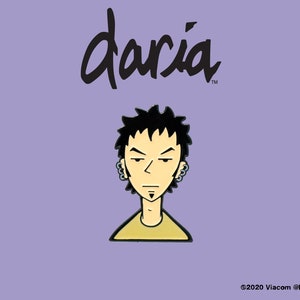May include: A black and yellow enamel pin featuring a cartoon character with black hair, a yellow shirt, and a serious expression. The character's name, "Daria", is written in black cursive above the character. The text "©2020 Viacom @RockinPins" is written in black at the bottom of the image.