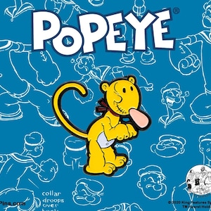 May include: A yellow cartoon dog with a stitched-up nose and a long tongue sticking out. The dog is wearing a red and white scarf. The background is blue with white outlines of Popeye characters.