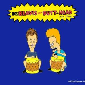 May include: Beavis and Butt-Head enamel pins featuring the animated characters playing drums. The pins are yellow, brown, blue, and black. The text "MTV Beavis and Butt-Head Mike Judge" is in a yellow speech bubble.