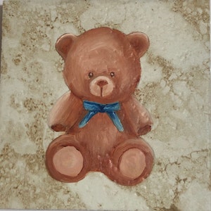 Teddy Bear w/ Blue Bow - Hand Painted, Oil on Ceramic