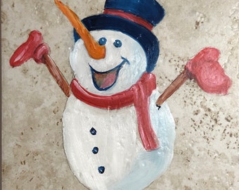 Mr. Snowman- Hand Painted, Oil on Ceramic