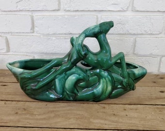 MidCentury Gazelle Double Planter Green Glazed Ceramic Art Pottery Vintage Retro Vase