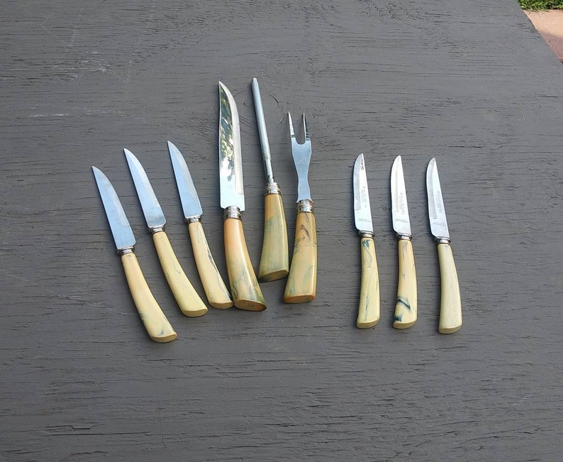 MidCentury Old English Cutlery Co Carving Set Sheffield England Includes 6 Steak Knives Yellow Marbelized Bakelite Handles