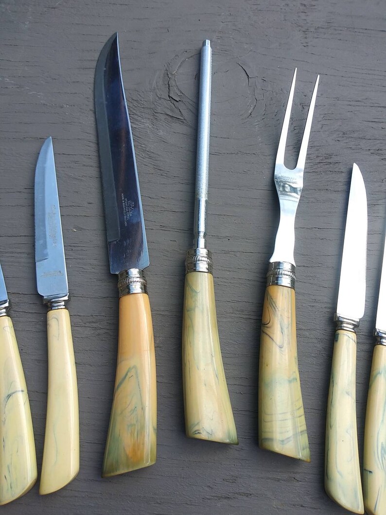 MidCentury Old English Cutlery Co Carving Set Sheffield England Includes 6 Steak Knives Yellow Marbelized Bakelite Handles