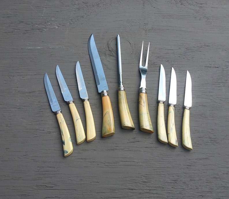 MidCentury Old English Cutlery Co Carving Set Sheffield England Includes 6 Steak Knives Yellow Marbelized Bakelite Handles