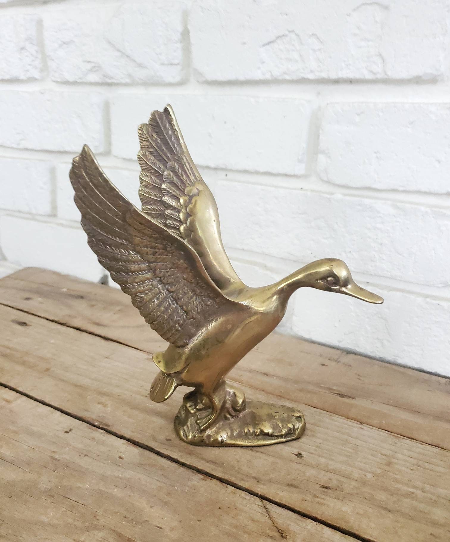 Vintage Solid Brass Flying Duck Statue Landing Rock 7.25 Etsy