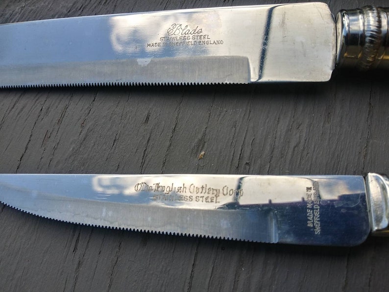 MidCentury Old English Cutlery Co Carving Set Sheffield England Includes 6 Steak Knives Yellow Marbelized Bakelite Handles