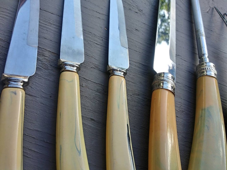 MidCentury Old English Cutlery Co Carving Set Sheffield England Includes 6 Steak Knives Yellow Marbelized Bakelite Handles