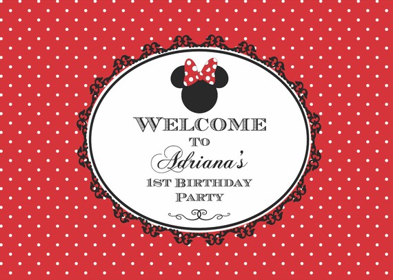 Minnie Mouse Welcome Sign White /& Red Black Birthday Baby Shower PERSONALIZED