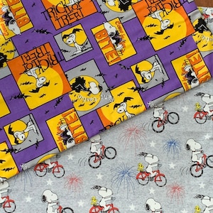 New REVERSIBLE table runner/ table topper. 4th of July and HALLOWEEN. Peanuts/ Snoopy fabrics. Summer and Fall fabrics.
