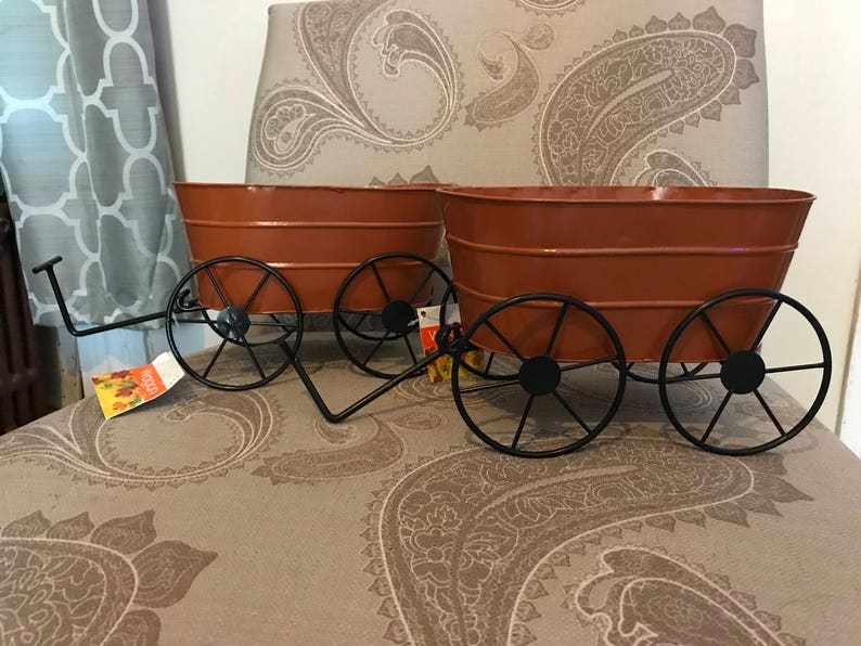 Pair of fall Halloween wagons orange wagons harvest centerpiece. fall decorations