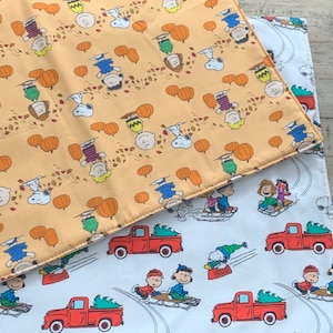 NEW Handmade REVERSIBLE quilted table runner. Snoopy Christmas decorations/Fall fabric, peanuts decorations, retired fabric~