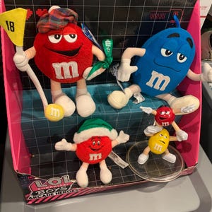 Lot of 4 m&m items stuffed animals, plush. Blue, Red and  Yellow. Sports. SEE PICTURES for DETAILS