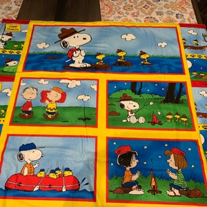 Handmade snoopy/ peanuts quilt. Snoopy Camp. Summer camp. Snoopy, Woodstock, Marcy, Peppermint Patty. Handmade from a new old stock fabric