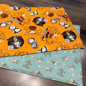 New reversible quilted handmade table runner, Christmas/ Halloween, Charlie Brown. Peanuts gang. Snoopy