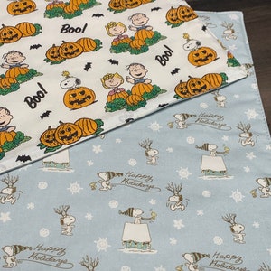 New reversible quilted handmade table runner, Christmas/ Halloween, Charlie Brown. Peanuts gang. Snoopy