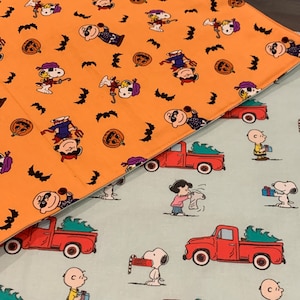 New reversible quilted handmade table runner, Christmas/ Halloween, Charlie Brown. Peanuts gang. Snoopy