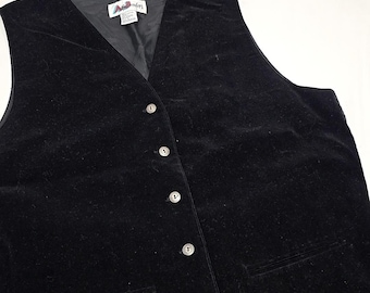 AJ Brandon Velvet Vest Women Large Black V-Neck Button Front Adjustable Back