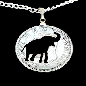 African Elephant Jungle Animal Handmade Cut Coin Silver Plated Pendant Necklace - British Shilling