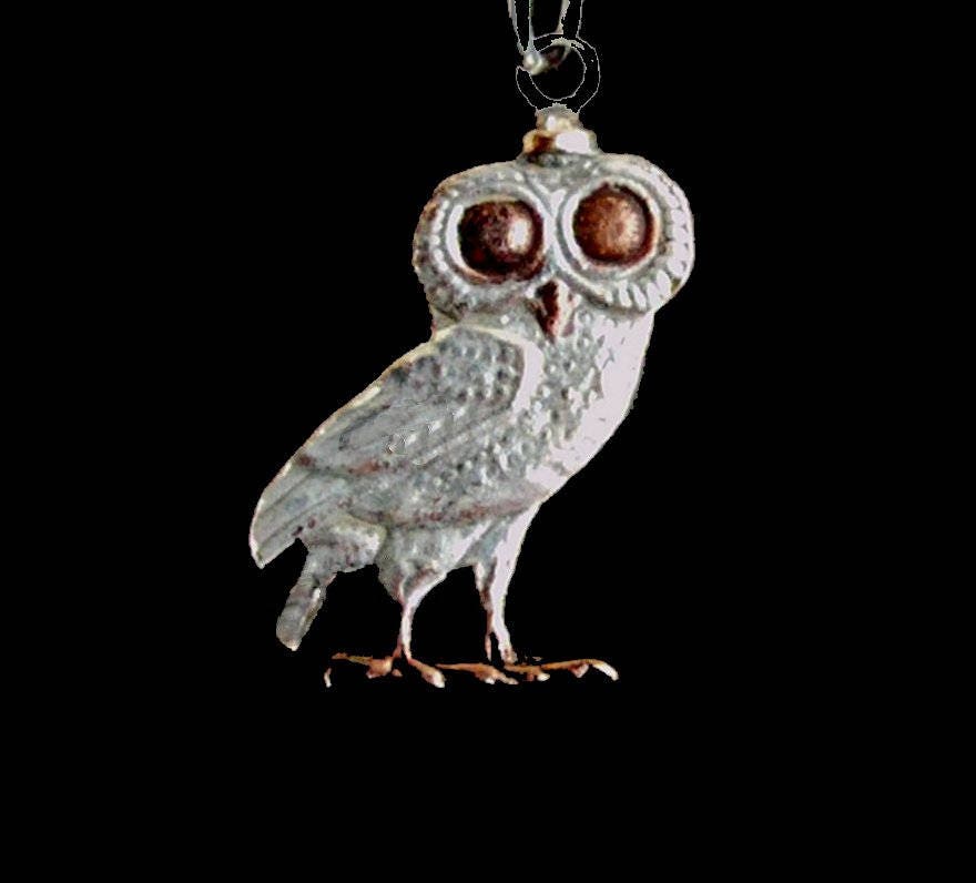Greece Owl Bird Handmade Cut Coin Pendant Necklace  Silver Plated Greek 2 Drachma