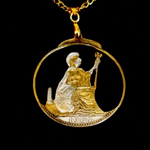 Britain Britannia Rules the Waves Handmade Cut Coin Pendant Necklace - British 1964 52nd Birthday/Anniversary Penny Gold and Silver Plated