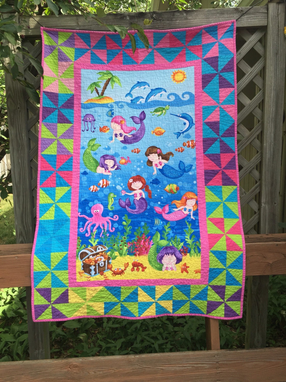Little Girl Quilt with Little Mermaids by Deborah Edwards for Etsy